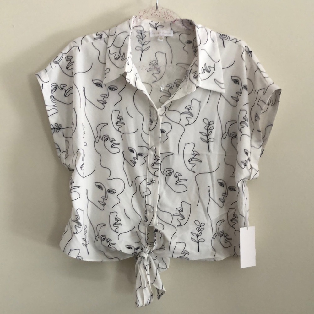 Women’s White Button-Front Tie-Hem Blouse with Abstract Line Art